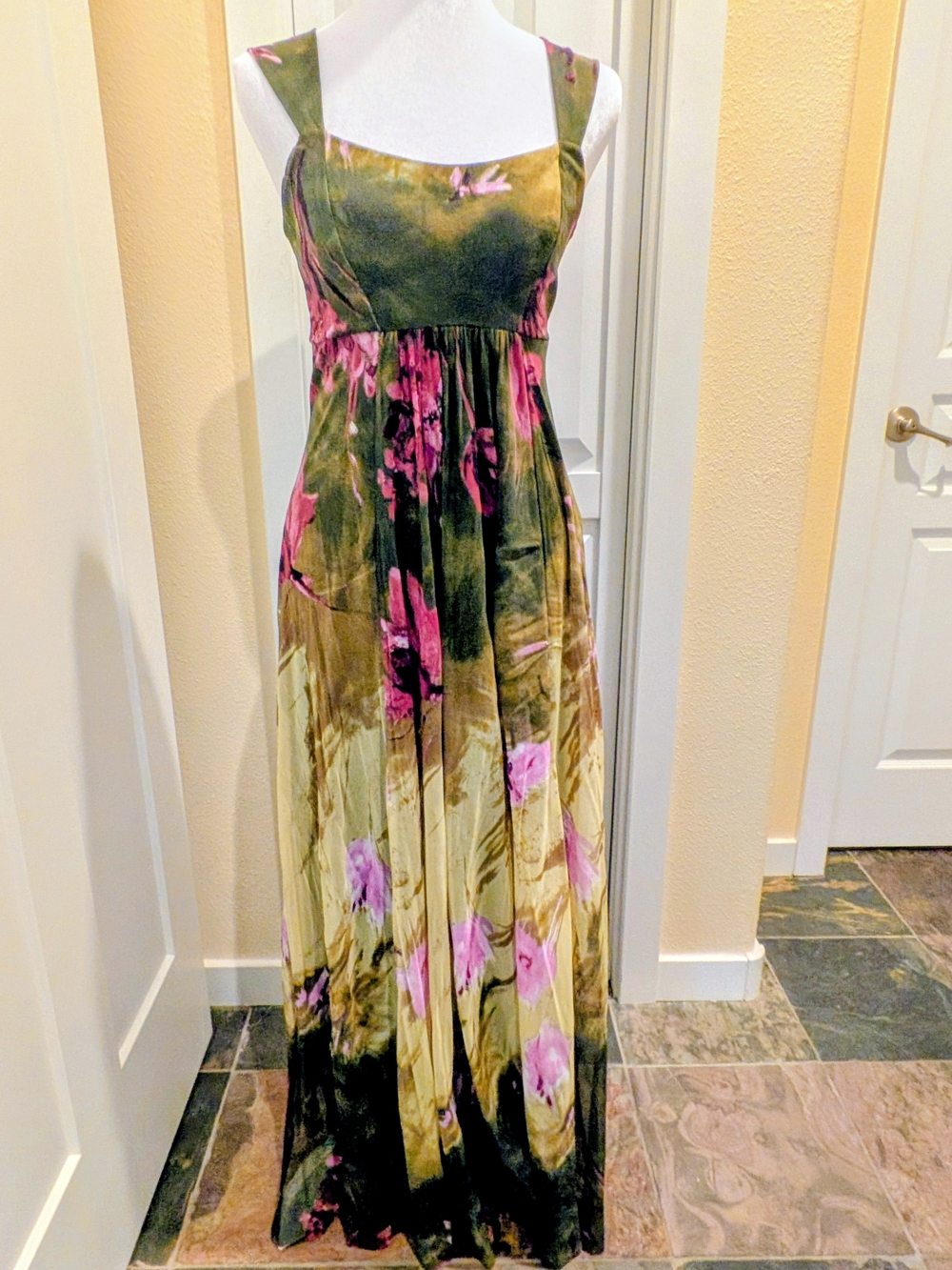 Olive Green & Pink Floral Maxi Dress
